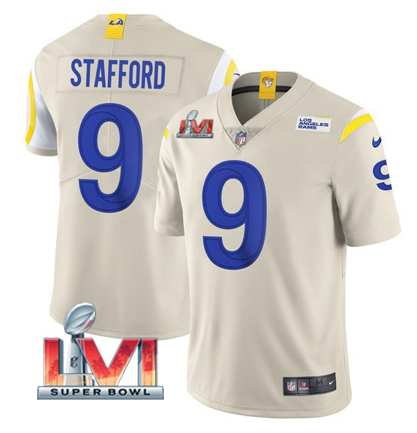 Men's Los Angeles Rams #9 Matthew Stafford 2022 Bone Super Bowl LVI Vapor Limited Stitched Jersey Men's Los Angeles Rams #9 Matthew Stafford 2022 Bone Super Bowl LVI Vapor Limited Stitched Jersey